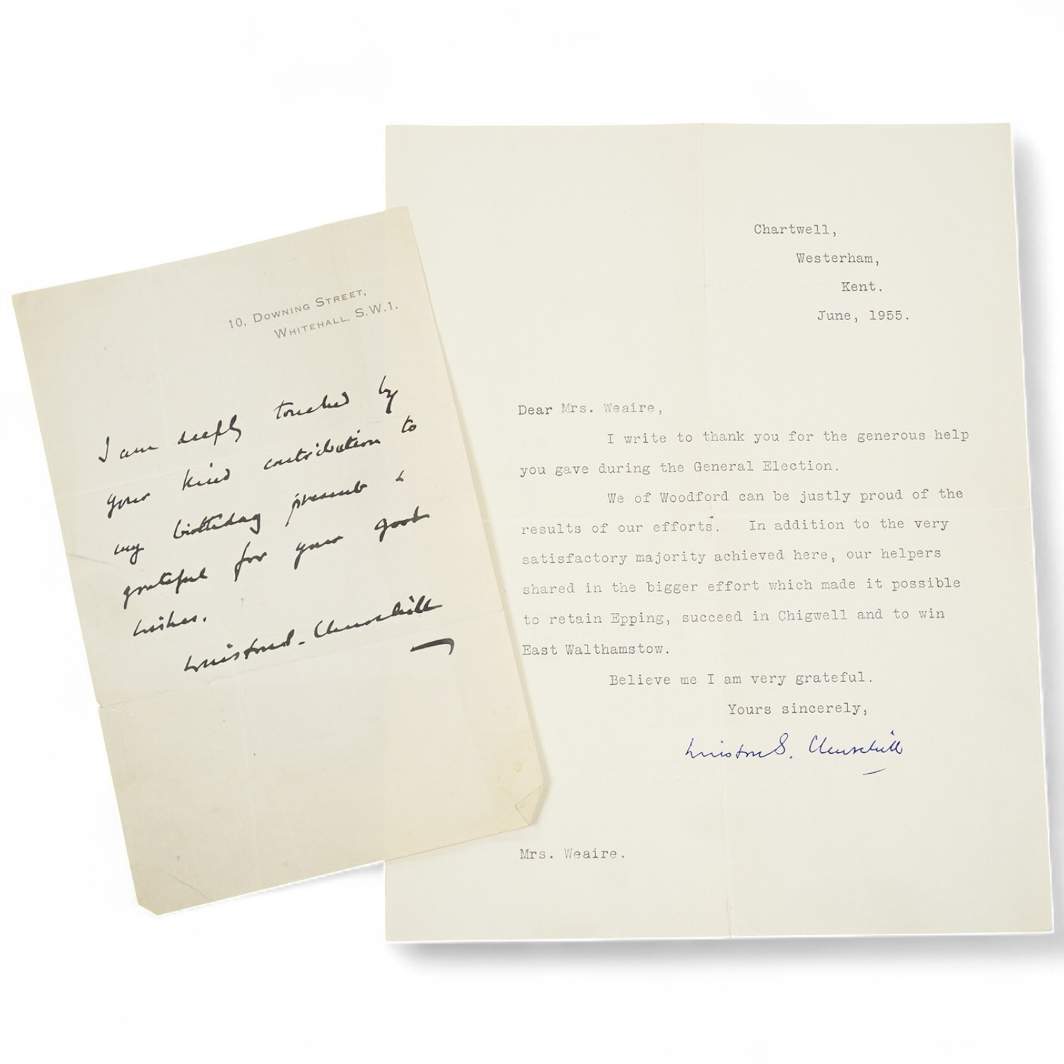 A type-written and personally-signed letter by Winston Churchill, from Chartwell, dated June 1955, to Mrs. Weaire thanking her for her help during the general election, signed in ballpoint pen, and a Churchill facsimile